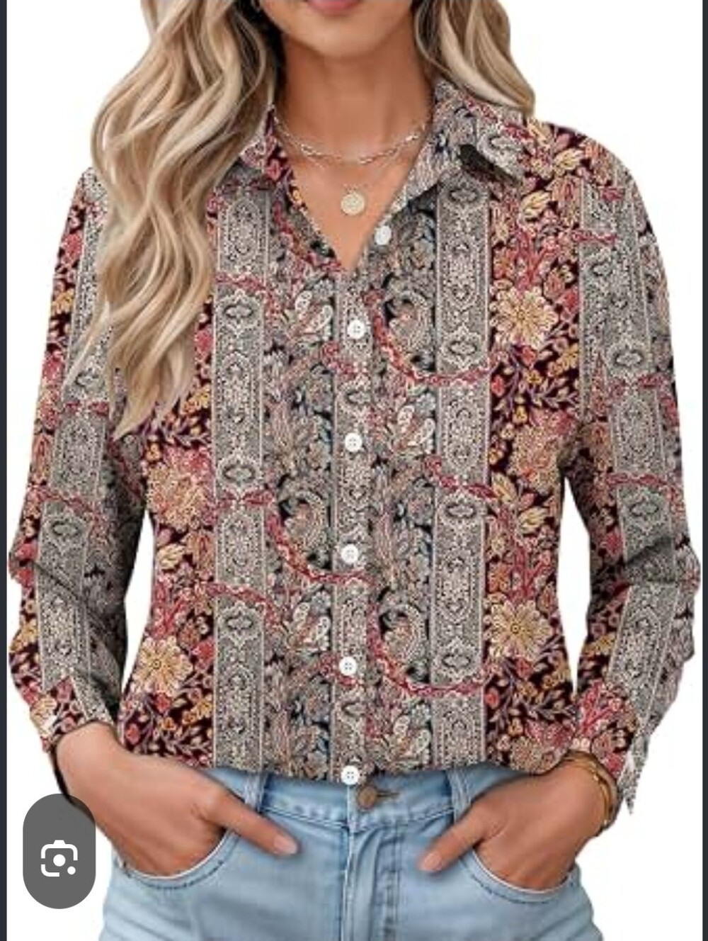 Linen Blend Paisley Southwestern Boho Button Down Brown Xxl